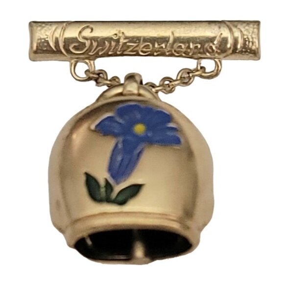 Switzerland Bar Pin With Bell Dangle, Blue Enamel Flower Pin Brooch - Picture 2 of 11
